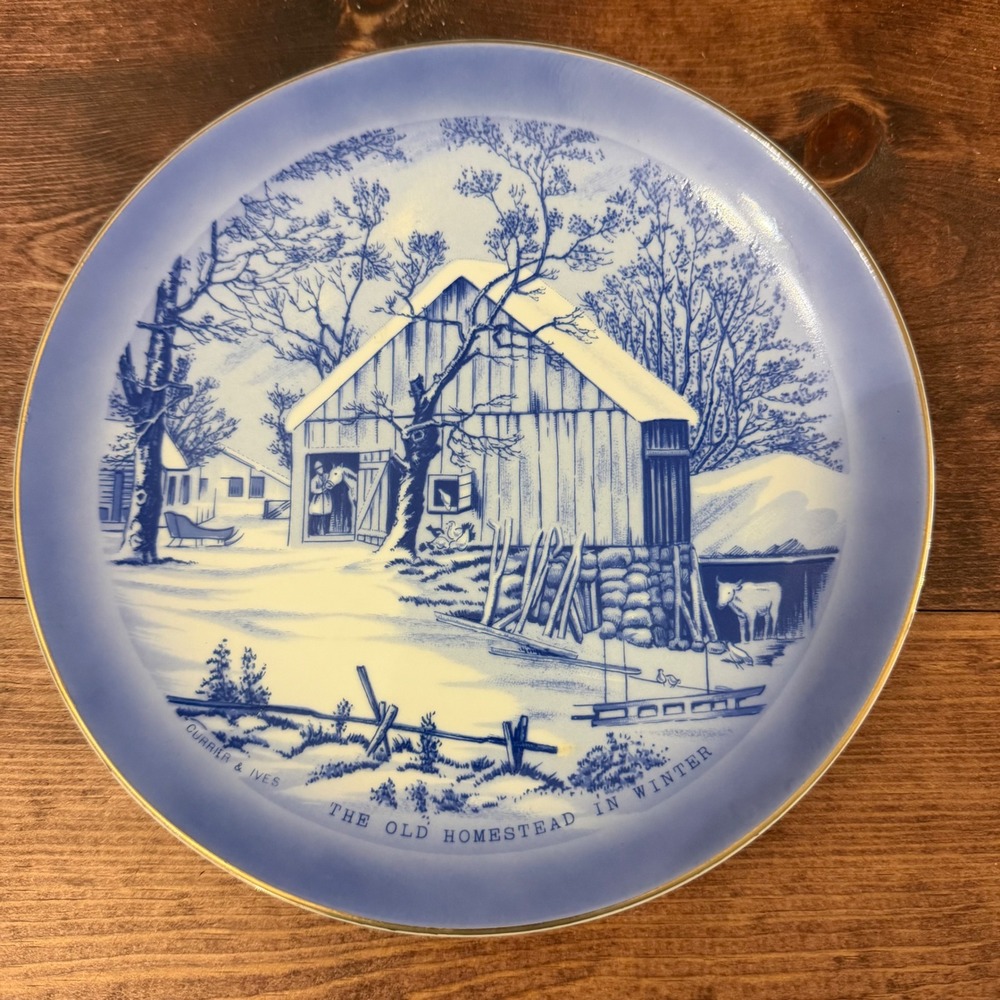 Price Import Japan Currier & Ives The Old Homestead in Winter Blue White Plate
